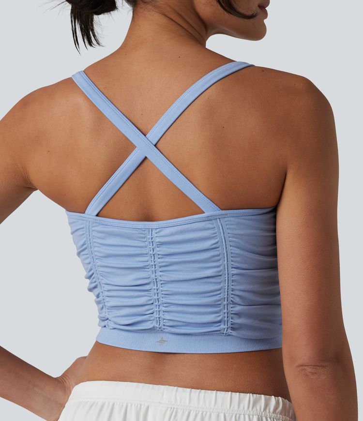 OneForm Seamless Flow Caraco de yoga crop froncé à dos croisé avec brassière intégrée sans couture OneForm Seamless Flow Caraco de yoga crop froncé à dos croisé avec brassière intégrée sans couture