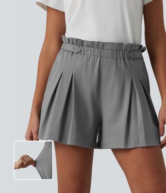 Ruffle High Waisted Pleated Stripe Casual Shorts 4'' with Pockets