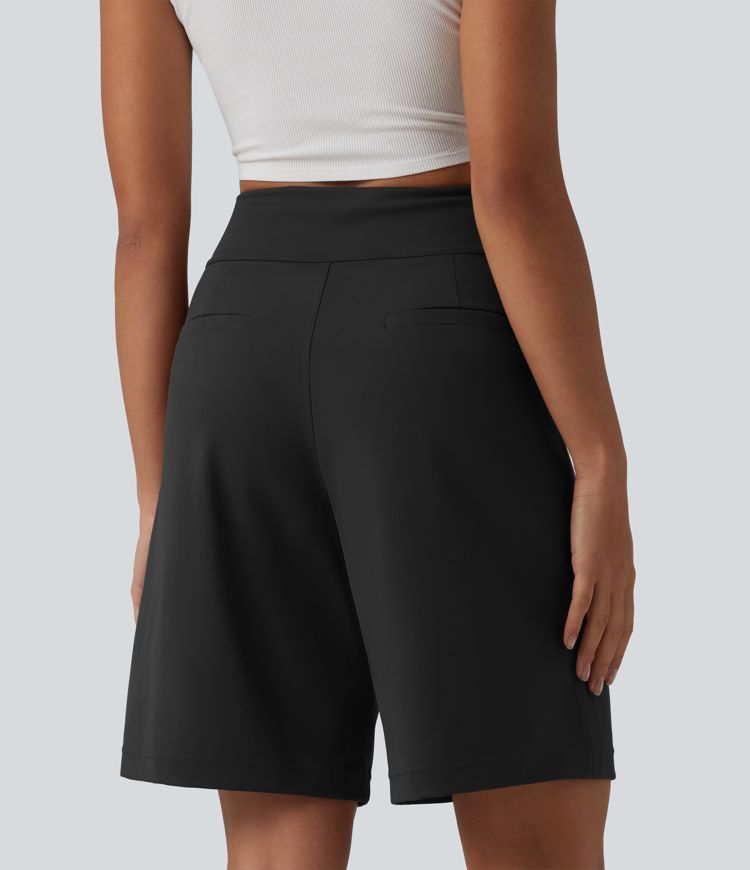 DayStretch High Waisted Pleated Work Bermuda Shorts 10'' with Pockets