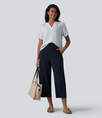 Lässige Bluse in Leinenoptik mit V-Ausschnitt, kurzen Ärmeln und Streifenmuster