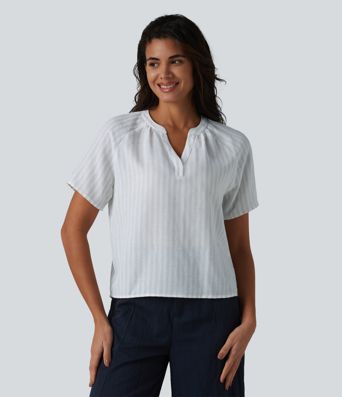 Lässige Bluse in Leinenoptik mit V-Ausschnitt, kurzen Ärmeln und Streifenmuster