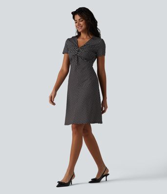 Robe casual à col V, manches courtes et imprimé à pois longueur genou