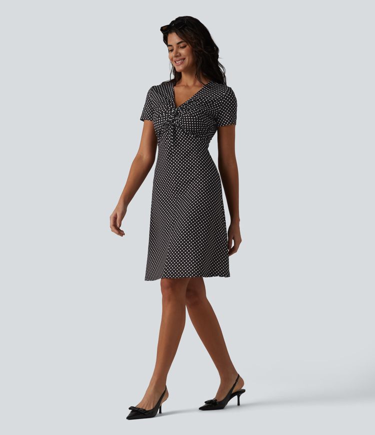 Robe casual à col V, manches courtes et imprimé à pois longueur genou