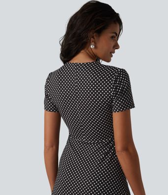 Robe casual à col V, manches courtes et imprimé à pois longueur genou