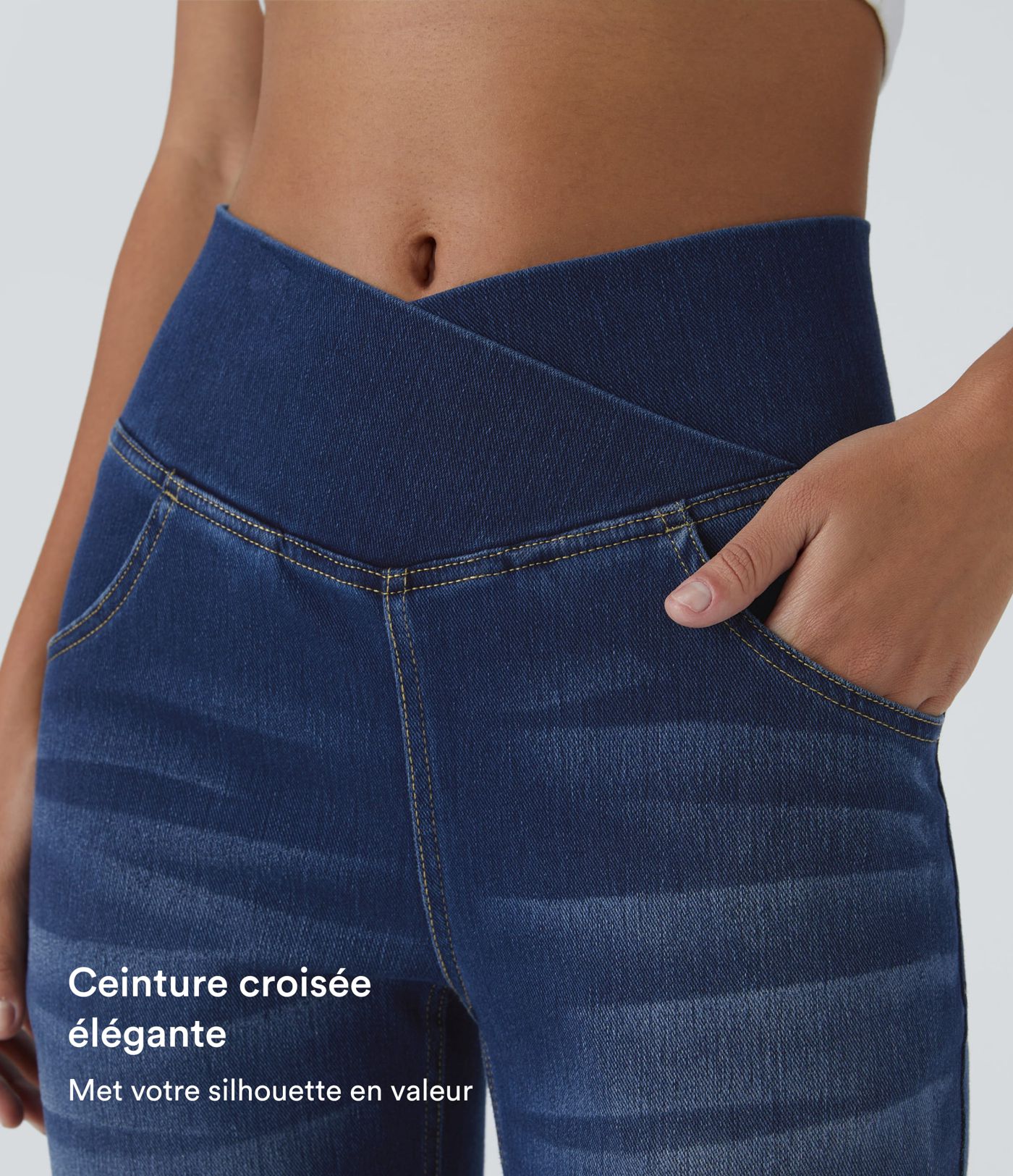 Halara Flex™ Jean Évasé à Taille Haute avec Poche Crossover Tissu Élastique Lavé