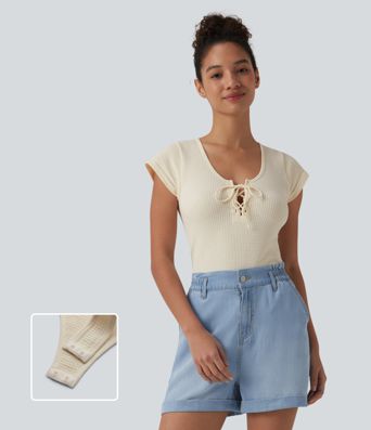 Round Neck Lace Up Short Sleeve Snap Button Casual Waffle Bodysuit