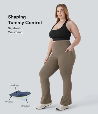 Halara UltraSculpt™ SoCinched Legging de Yoga Taille Haute avec Contrôle du Ventre et Poches, Coupe Évasée, Grandes Tailles