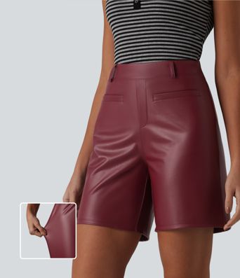 Casual shorts made of elastic faux leather with a high waist and side pockets