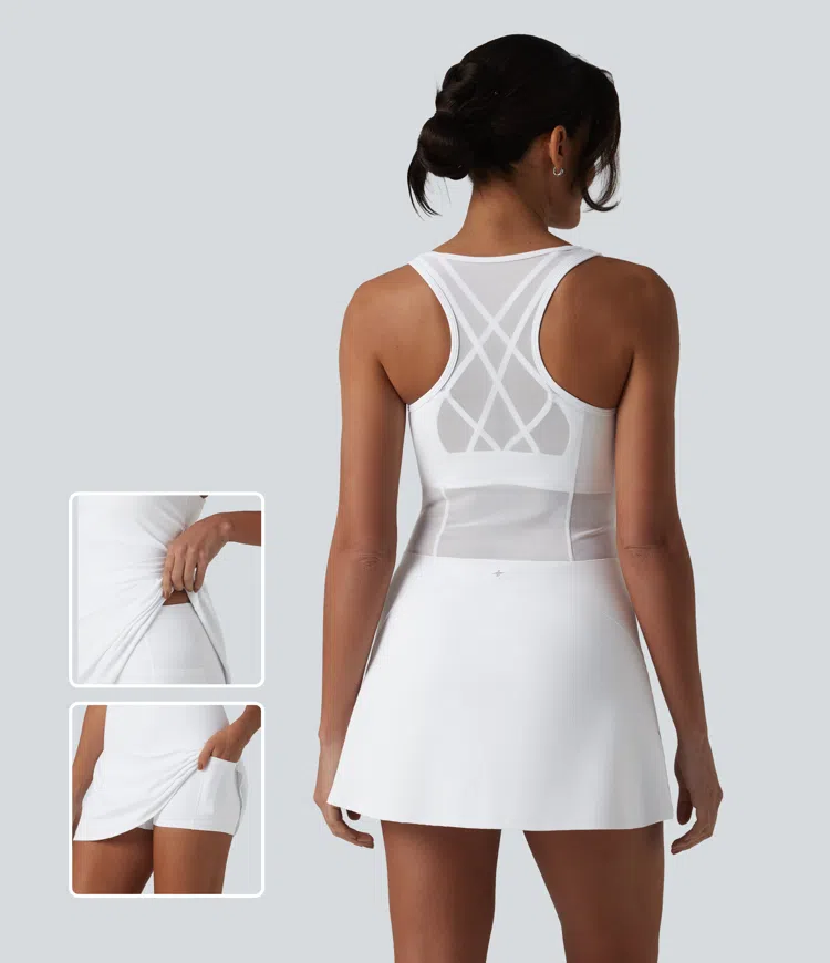 Softlyzero™ Airy - 2-teiliges Sportkleid mit Seitentaschen, integriertem BH, überkreuztem Rückendesign und InstantCool - UPF50+