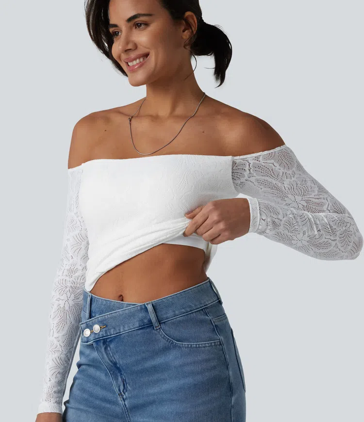 White Off Shoulder Built-in Bra Long Sleeve Lace Casual Top / 1