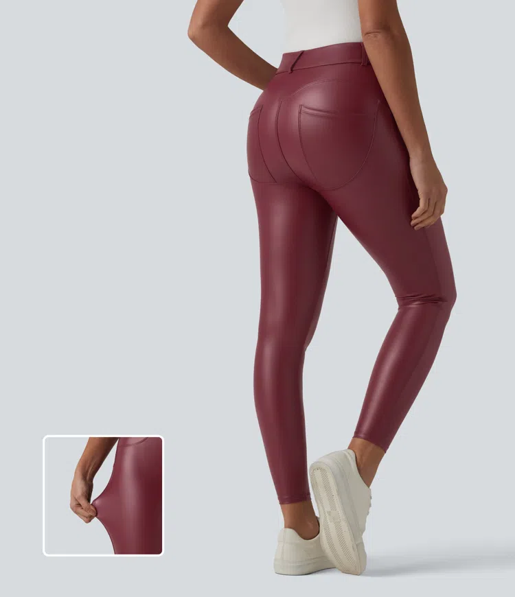 High Waisted Stretchy PU Casual 7/8 Leggings with Pockets