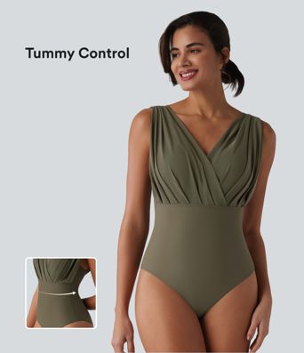 V-neck Sleeveless Tummy Control Built-in Bra One Piece Swimsuit