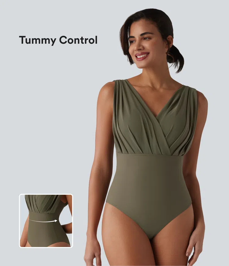 V-neck Sleeveless Tummy Control Built-in Bra One Piece Swimsuit