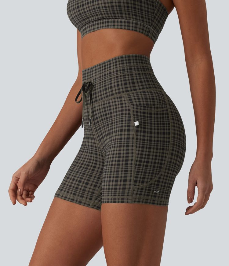 Halara UltraSculpt™ Check Plaid Print High Waisted Drawstring Yoga Biker Shorts 5'' with Pockets