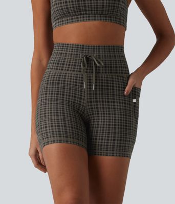 Halara UltraSculpt™ Check Plaid Print High Waisted Drawstring Yoga Biker Shorts 5'' with Pockets