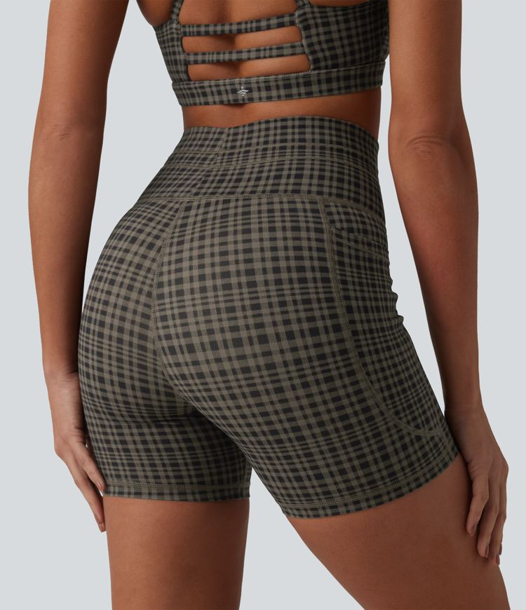 Halara UltraSculpt™ Check Plaid Print High Waisted Drawstring Yoga Biker Shorts 5'' with Pockets