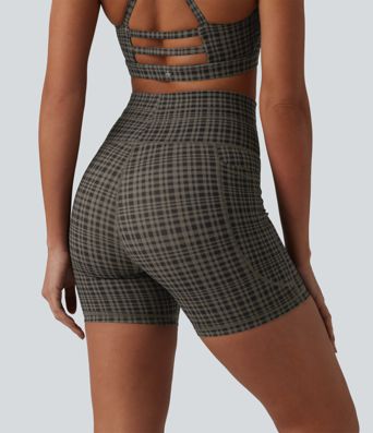 Halara UltraSculpt™ Check Plaid Print High Waisted Drawstring Yoga Biker Shorts 5'' with Pockets
