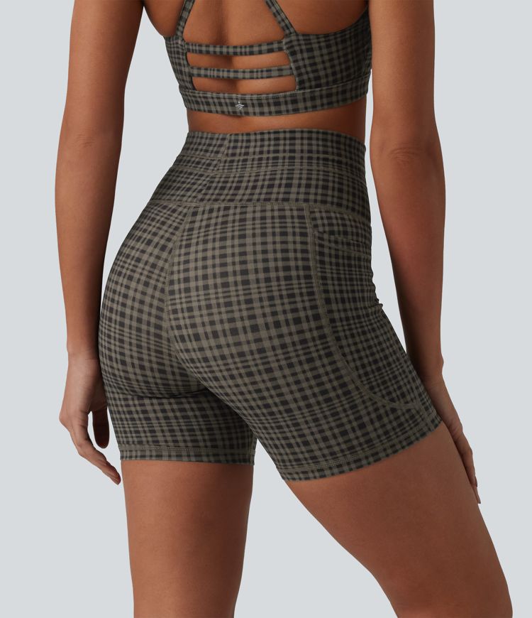 Halara UltraSculpt™ Check Plaid Print High Waisted Drawstring Yoga Biker Shorts 5'' with Pockets