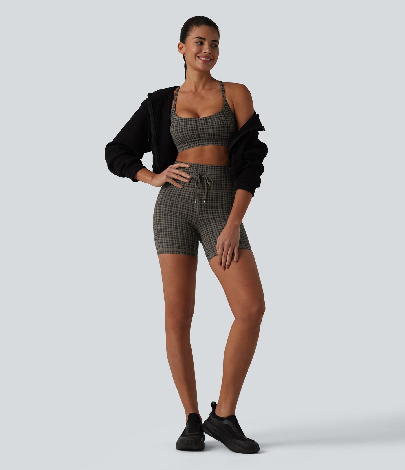 Halara UltraSculpt™ Check Plaid Print High Waisted Drawstring Yoga Biker Shorts 5'' with Pockets