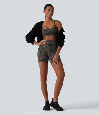 Halara UltraSculpt™ Check Plaid Print High Waisted Drawstring Yoga Biker Shorts 5'' with Pockets