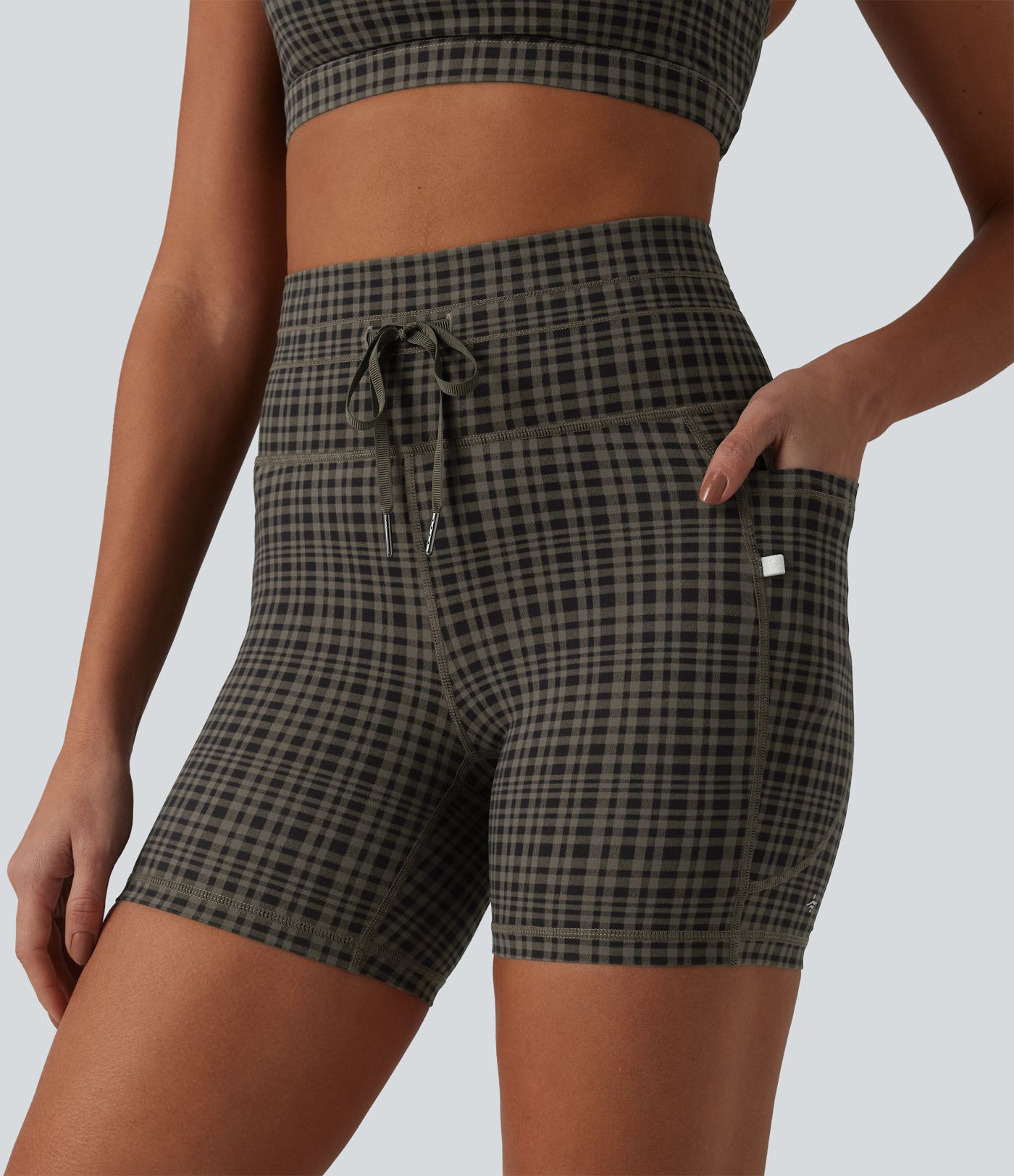 Halara UltraSculpt™ Check Plaid Print High Waisted Drawstring Yoga Biker Shorts 5'' with Pockets