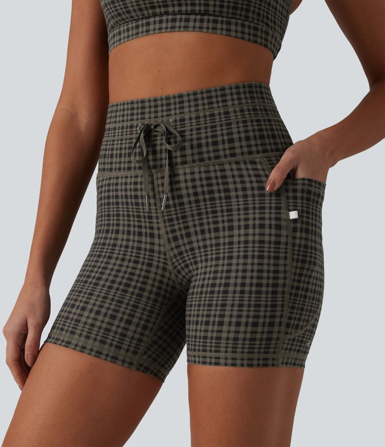 Halara UltraSculpt™ Check Plaid Print High Waisted Drawstring Yoga Biker Shorts 5'' with Pockets