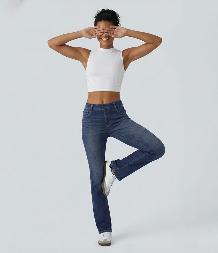 Halara Flex™ Jeans bootcut Casual Taille Haute Multiples Poches Lavés Élastiques et Tricotés Coupe