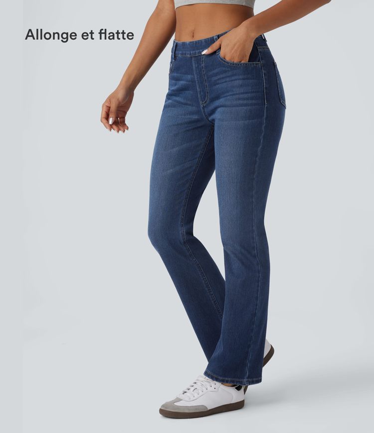 Halara Flex™ Jeans bootcut Casual Taille Haute Multiples Poches Lavés Élastiques et Tricotés Coupe