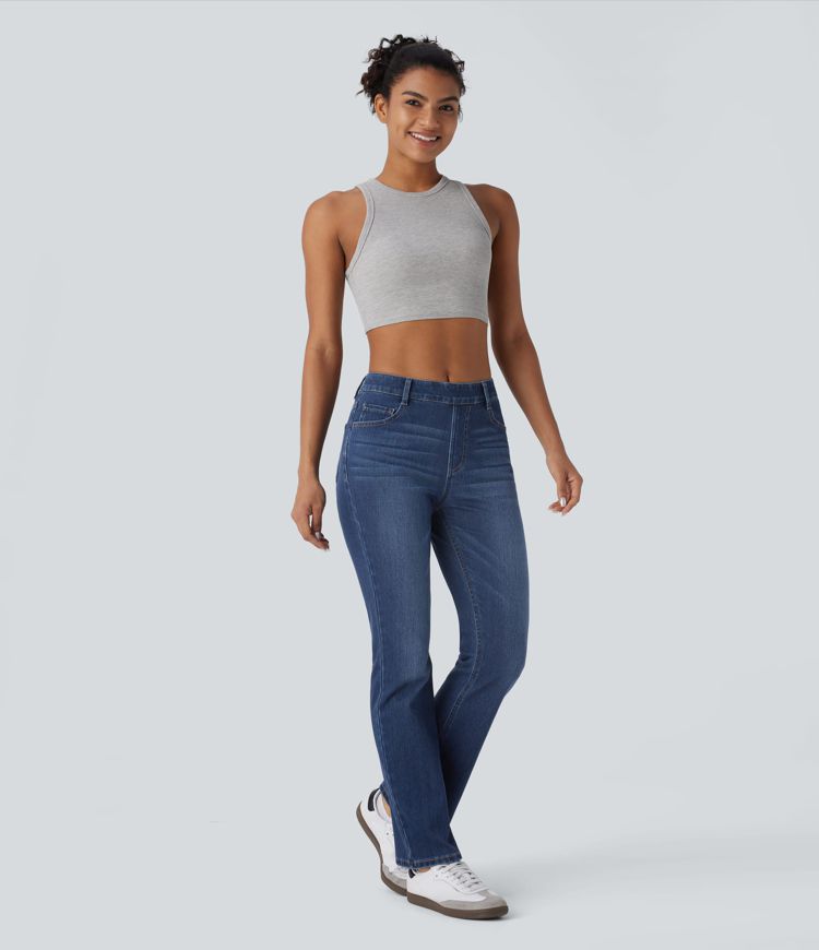 Halara Flex™ Jeans bootcut Casual Taille Haute Multiples Poches Lavés Élastiques et Tricotés Coupe