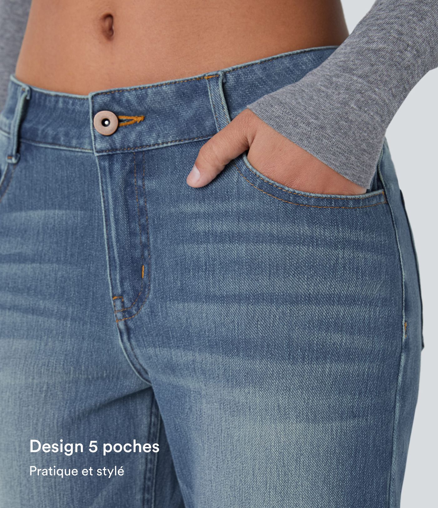 Jean bootcut délavé Halara Flex™ taille basse avec bouton, fermeture éclair et poches multiples