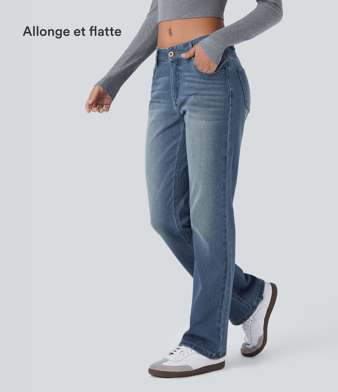 Jean bootcut délavé Halara Flex™ taille basse avec bouton, fermeture éclair et poches multiples