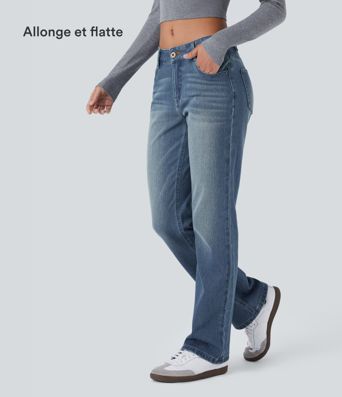 Jean bootcut délavé Halara Flex™ taille basse avec bouton, fermeture éclair et poches multiples
