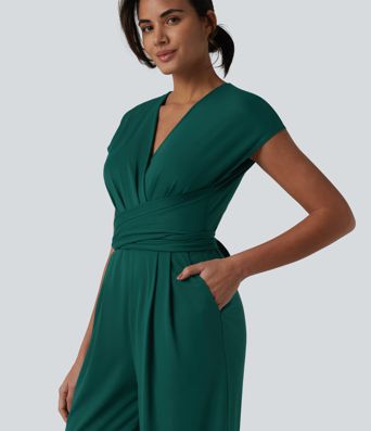 V-neck Short Sleeve Crossover Tie Pleated Work Jumpsuit with Pockets-Easy Peezy