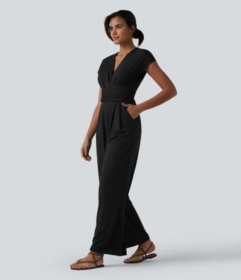 V-neck Short Sleeve Crossover Tie Pleated Work Jumpsuit with Pockets-Easy Peezy