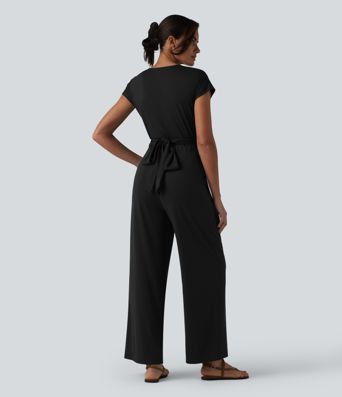 V-neck Short Sleeve Crossover Tie Pleated Work Jumpsuit with Pockets-Easy Peezy