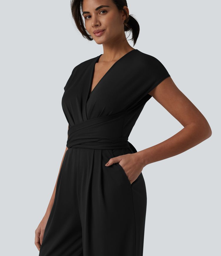 V-neck Short Sleeve Crossover Tie Pleated Work Jumpsuit with Pockets-Easy Peezy