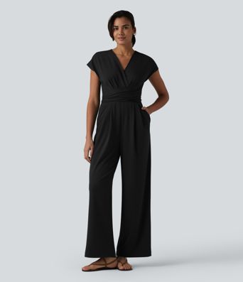V-neck Short Sleeve Crossover Tie Pleated Work Jumpsuit with Pockets-Easy Peezy