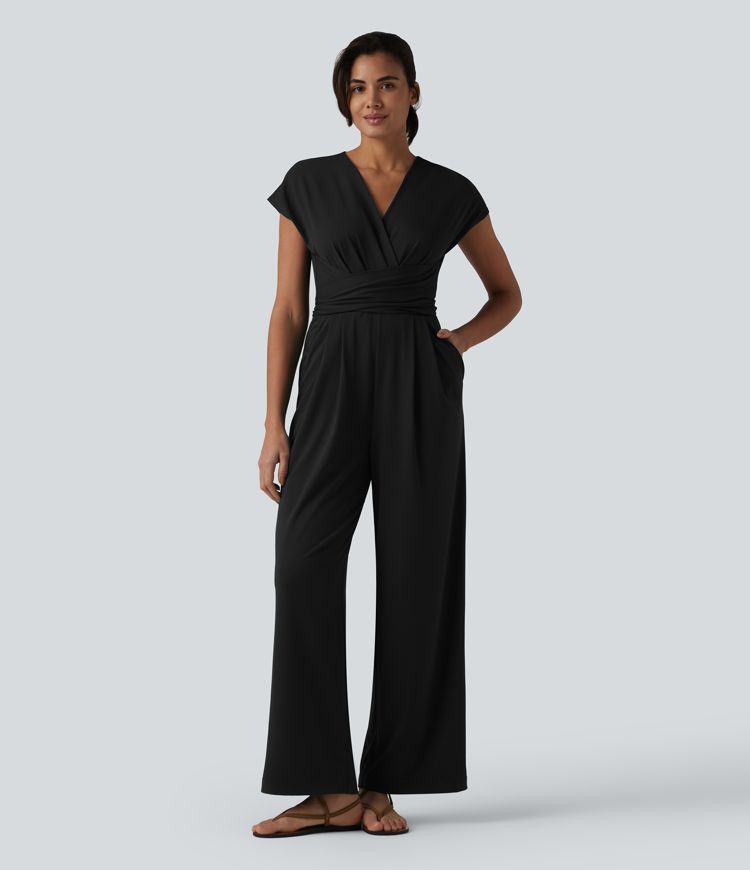 V-neck Short Sleeve Crossover Tie Pleated Work Jumpsuit with Pockets-Easy Peezy