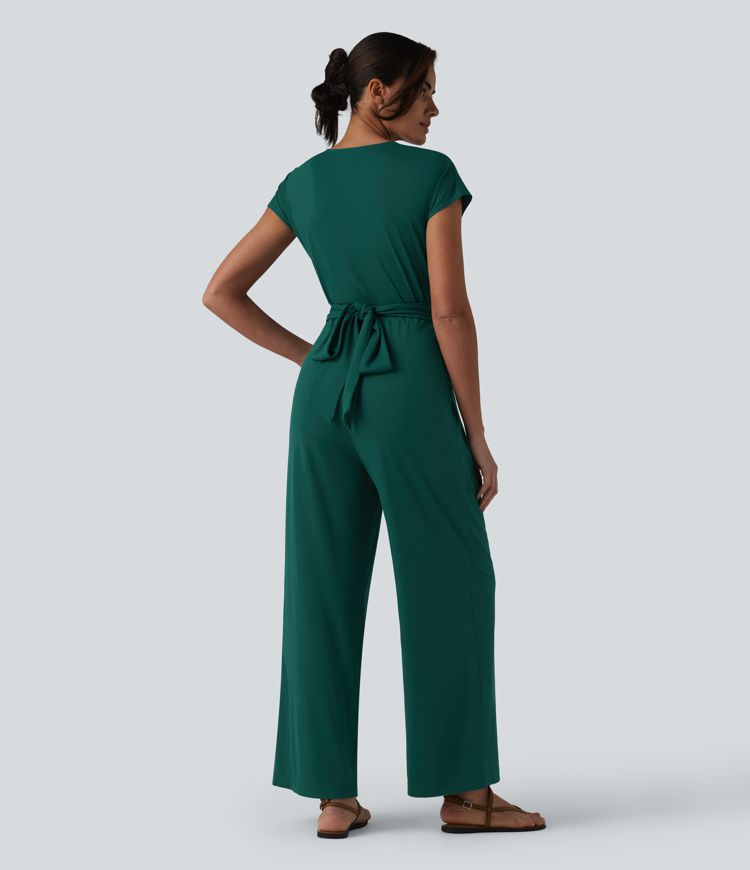 V-neck Short Sleeve Crossover Tie Pleated Work Jumpsuit with Pockets-Easy Peezy