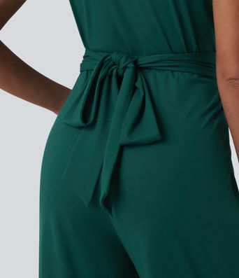 V-neck Short Sleeve Crossover Tie Pleated Work Jumpsuit with Pockets-Easy Peezy