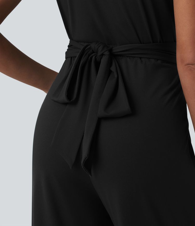 V-neck Short Sleeve Crossover Tie Pleated Work Jumpsuit with Pockets-Easy Peezy