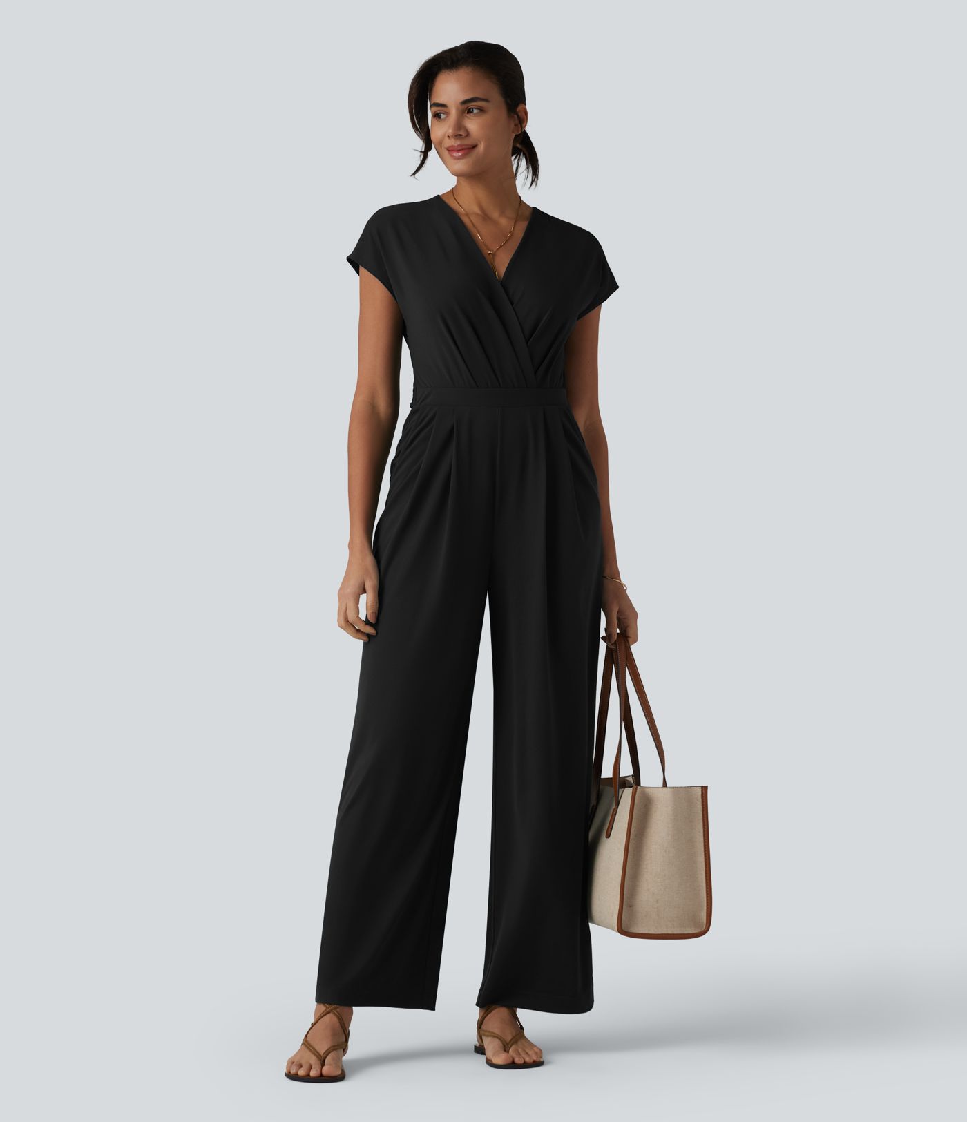 V-neck Short Sleeve Crossover Tie Pleated Work Jumpsuit with Pockets-Easy Peezy