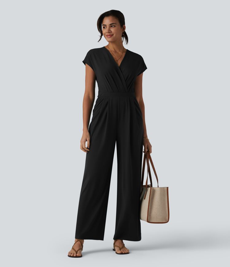V-neck Short Sleeve Crossover Tie Pleated Work Jumpsuit with Pockets-Easy Peezy