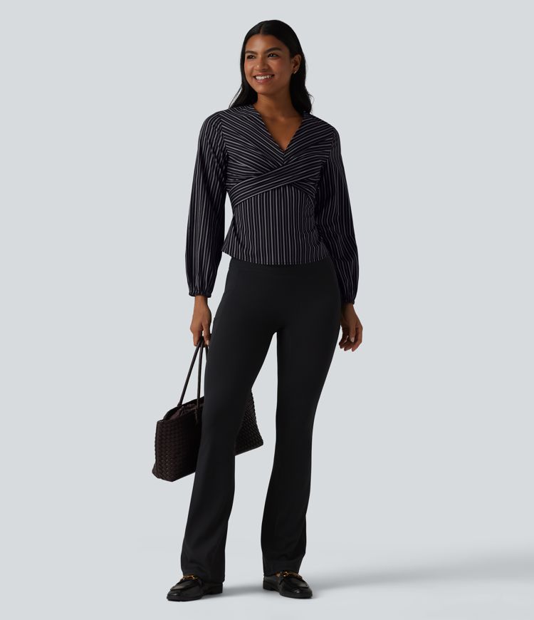 V Neck Long Sleeve Tie Back Stripe Work Blouse