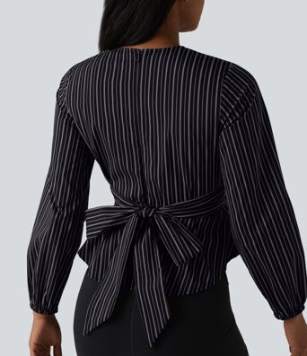 V Neck Long Sleeve Tie Back Stripe Work Blouse
