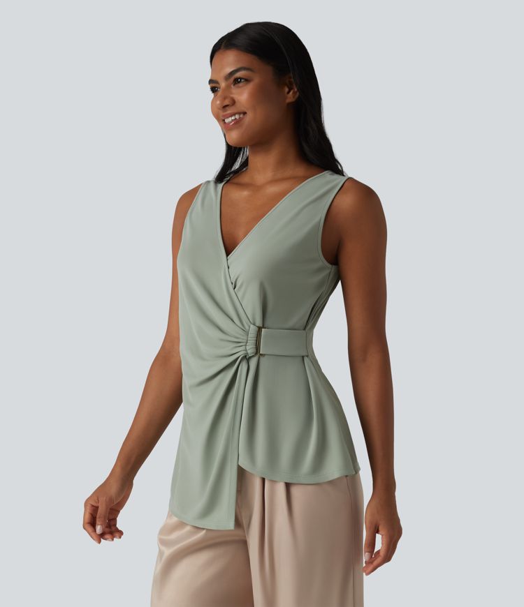 V-neck Sleeveless Asymmetric Hem Casual Shirt
