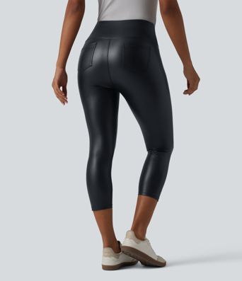 Legging corsaire taille haute ventre plat en similicuir extensible avec poches