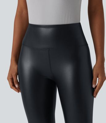 Legging corsaire taille haute ventre plat en similicuir extensible avec poches