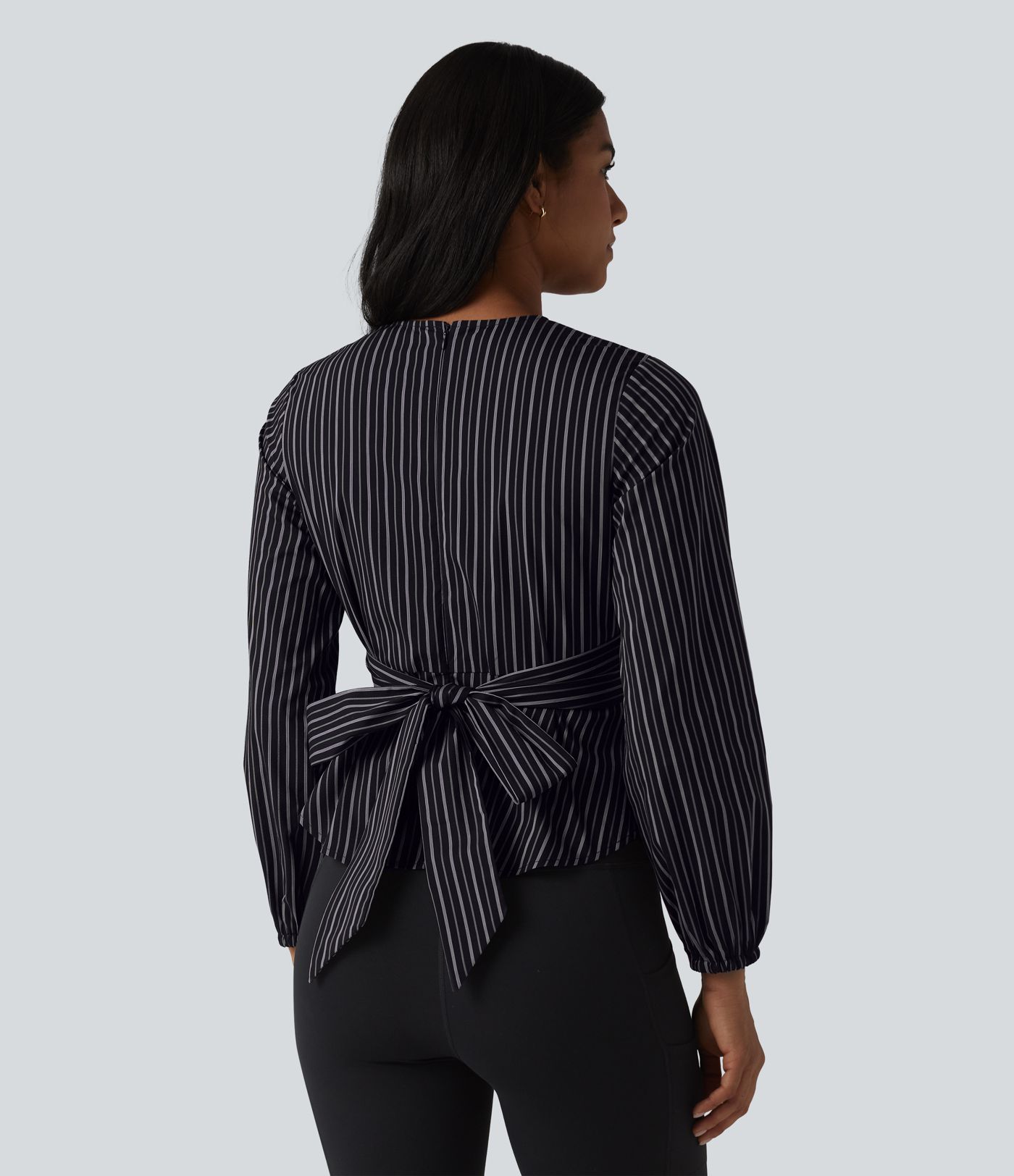 V Neck Long Sleeve Tie Back Stripe Work Blouse
