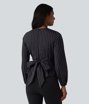 V Neck Long Sleeve Tie Back Stripe Work Blouse
